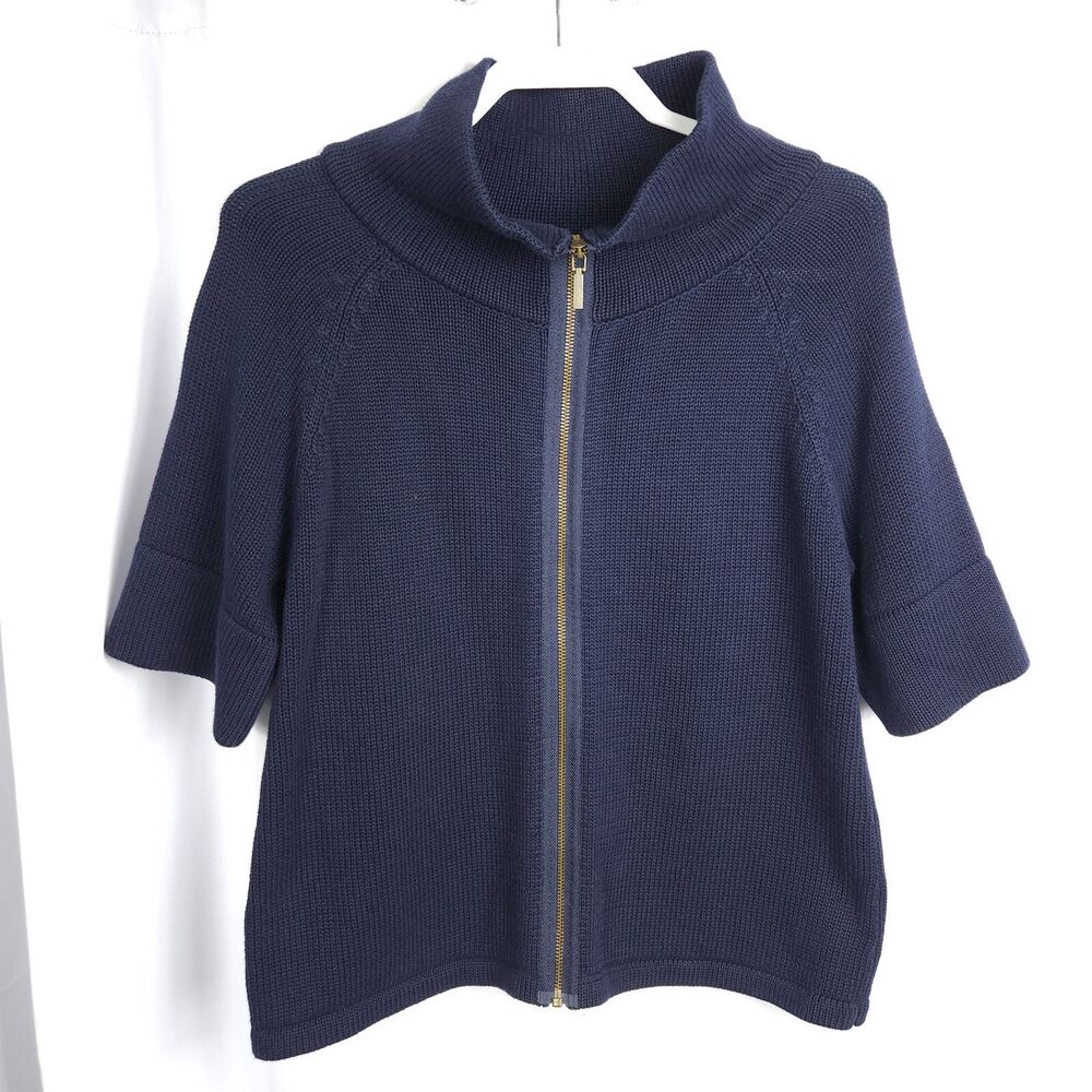 Talbots Navy Blue Full Zip Mock Neck Sweater 3/4 Sleeve Navy Large‎